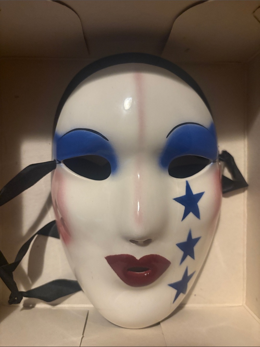 Vintage “Fancy Faces” Decorative Wall Mask with Blue Accents and Red Lips